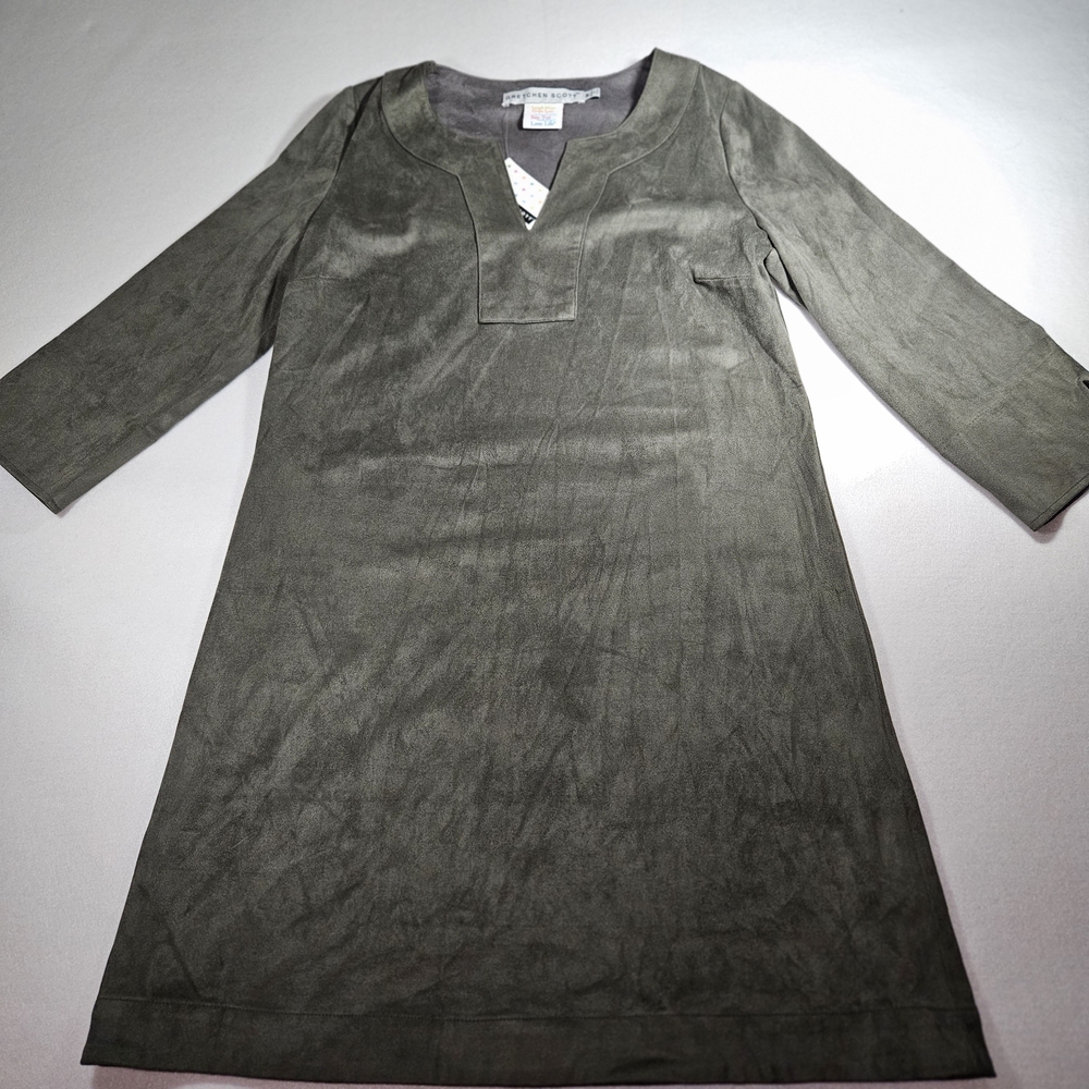 GRETCHEN SCOTT Womens Medium Olive Suede V-Neck 3/4 Sleeve Tunic Dress - Picture 4 of 7